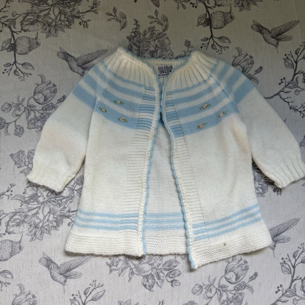 Vtg Girl Baby Cardigan 3-6 Month Long Sleeve Sweater 60s Blue White Stripe Roses
